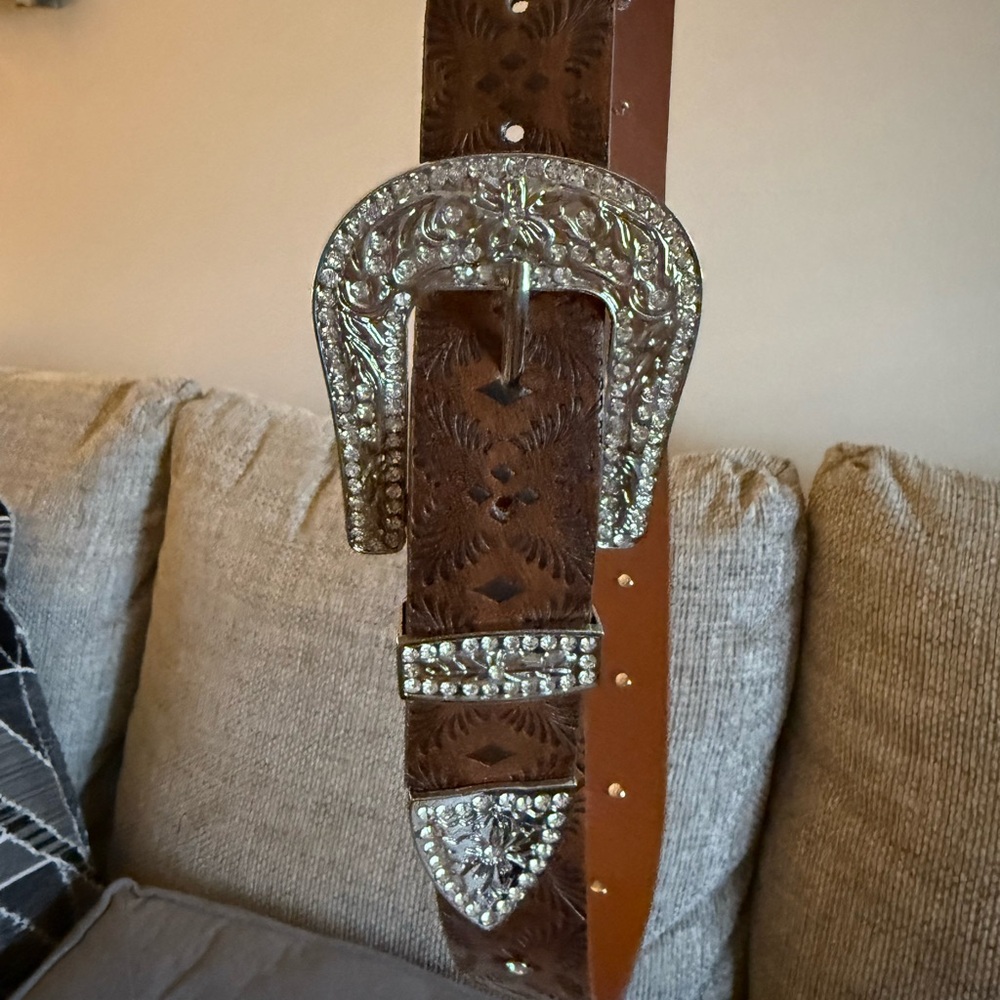 Buckle Brown Leather Western Belt with Rhinestone Embellished Silver Buckle